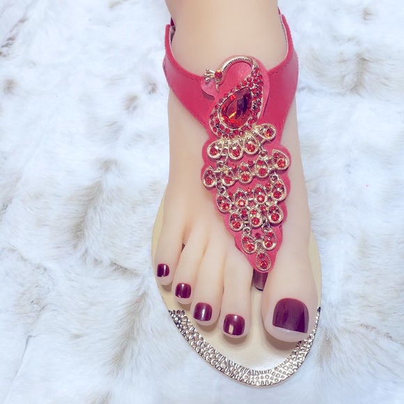 Red Rhinestone Peacock Toe Strap Sandals - Picture 13 of 15